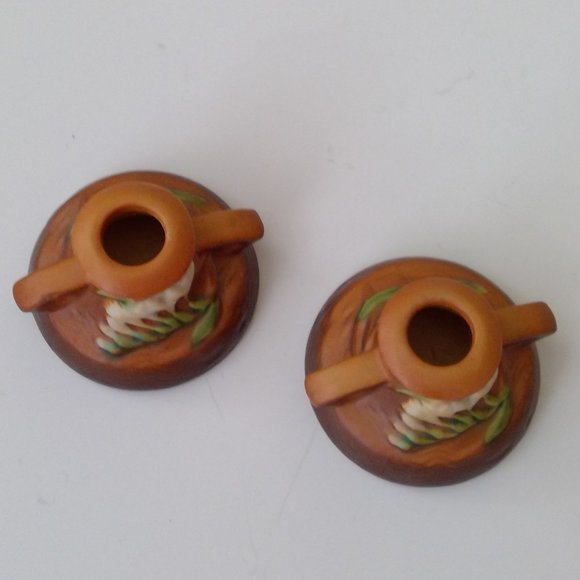 S/2 Vintage Ceramic Roseville Pottery Brown / Tan Freesia Candlestick Holders - Picture 2 of 7